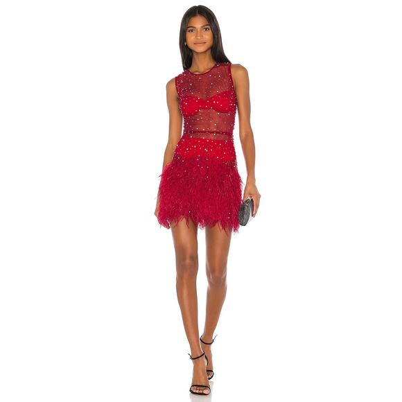 NWT Revolve Rêve Riche Red Hadi Sheer Embellished Feathered Mini Dress Size 36 - Picture 1 of 5